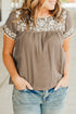Gray Short Sleeve Embroidered Blouse