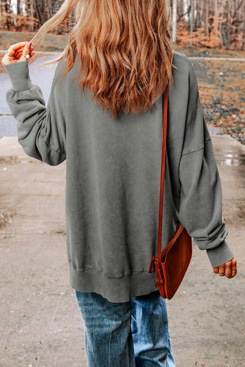 Gray Slogan Print Side Split Oversized Sweatshirt