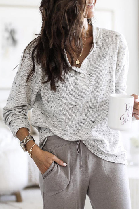 Gray Slouchy Heather Rib Knit Long Sleeve Henley Top