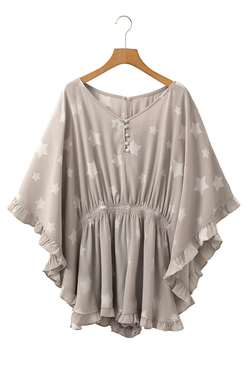 Gray Star Print Crinkle Textured Kimono Ruffle Sleeve Romper