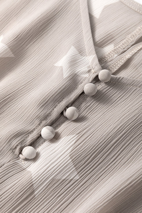 Gray Star Print Crinkle Textured Kimono Ruffle Sleeve Romper