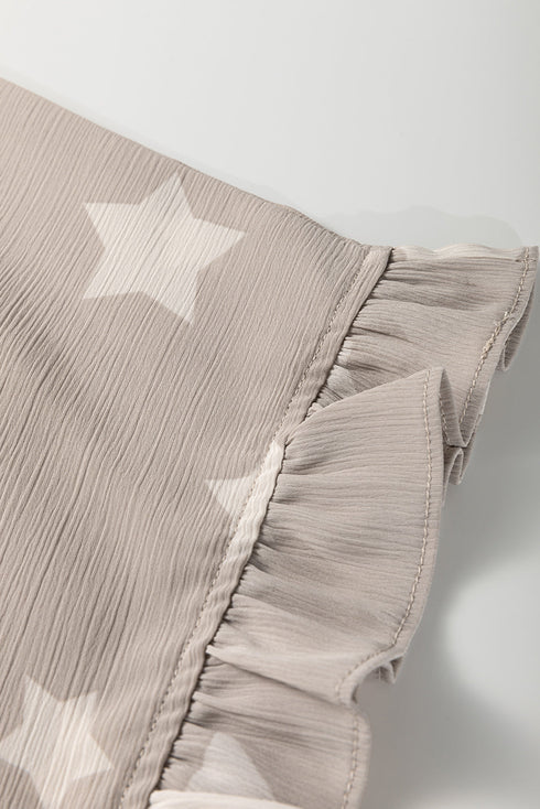 Gray Star Print Crinkle Textured Kimono Ruffle Sleeve Romper