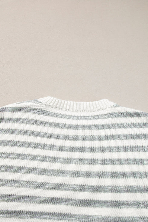 Gray Stripe Drop Shoulder Crew Neck Sweater