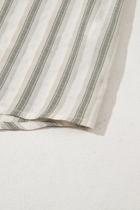 Gray Stripe Frilled Tie Neck Short Sleeve Blouse