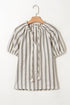 Gray Stripe Frilled Tie Neck Short Sleeve Blouse