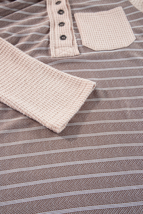 Gray Textured Knit Colorblock Striped Henley Hooded Top