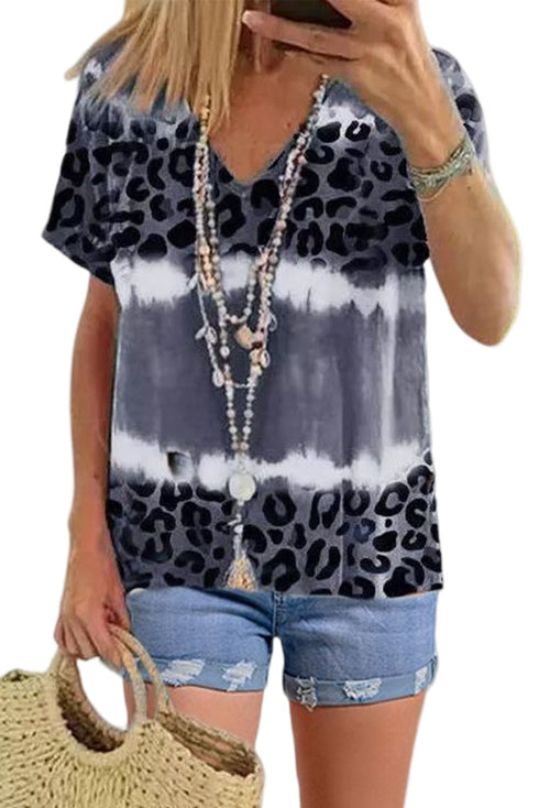 Gray Tie Dye Leopard Patchwork Short Sleeve Top