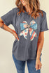 Gray US Flag Bow Print Round Neck Loose T Shirt