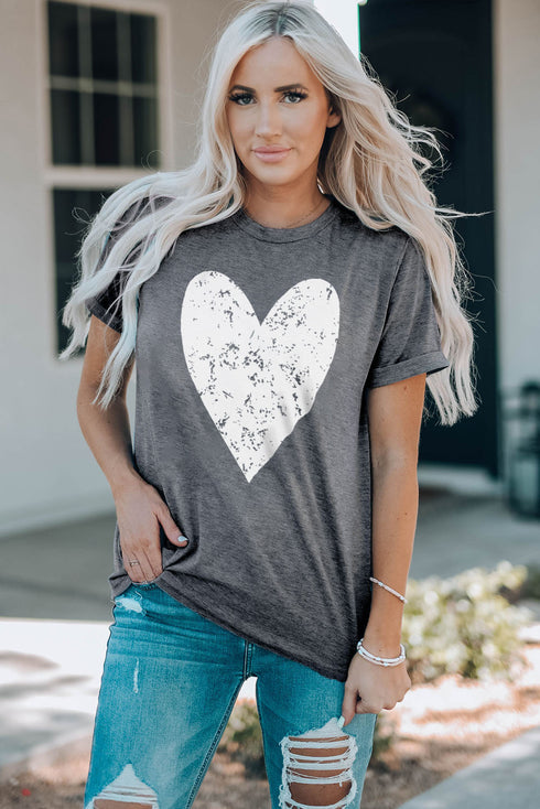 Gray Valentine'S Day Large Heart Shape Print Graphic T Shirt