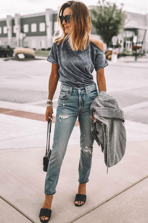 Gray Vintage Asymmetric Cold Shoulder T-Shirt
