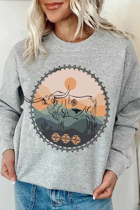 Gray Western Fashion Bull Graphic Print Sweatshirt