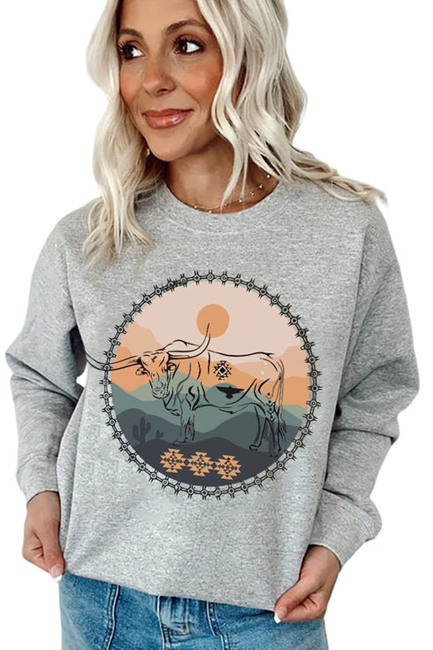 Gray Western Fashion Bull Graphic Print Sweatshirt