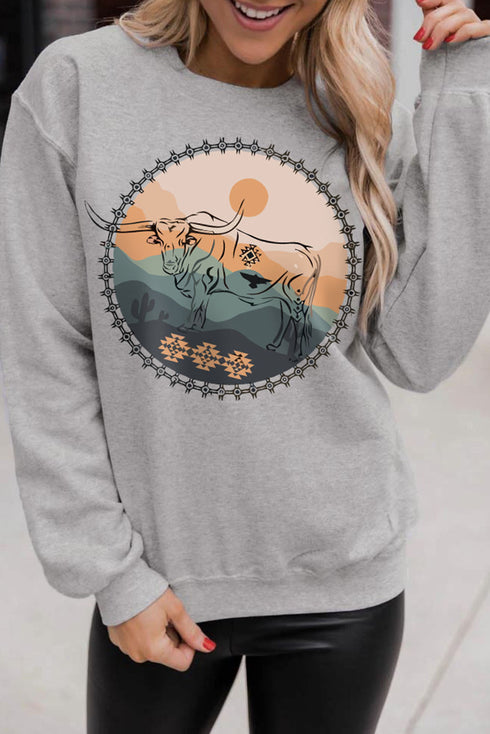 Gray Western Fashion Bull Graphic Print Sweatshirt