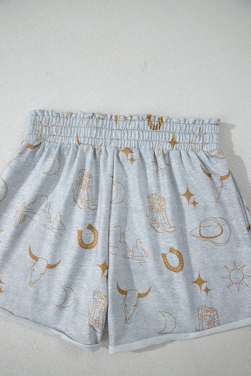 Gray Western Fashion Printed T Shirt Elastic Waist Shorts Set