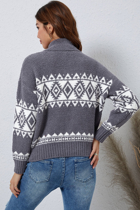 Gray Western Geometric Printed Quarter Zip Pullover Sweater