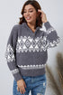 Gray Western Geometric Printed Quarter Zip Pullover Sweater