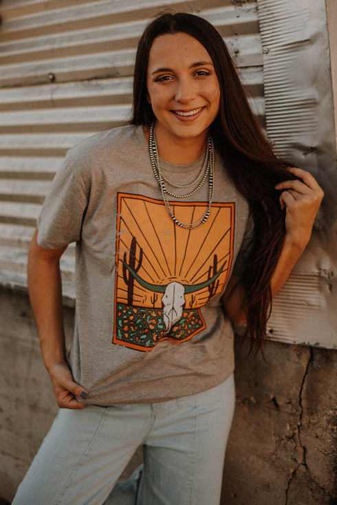 Gray Western Steer Skull Graphic Print Crew Neck T Shirt