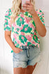 Green Abstract Print Frilly Neck Ruched Short Sleeve Blouse