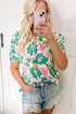 Green Abstract Print Frilly Neck Ruched Short Sleeve Blouse
