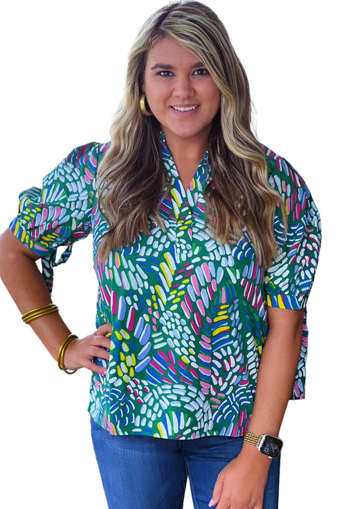 Green Abstract Print Knotted Short Sleeve Plus Size Blouse