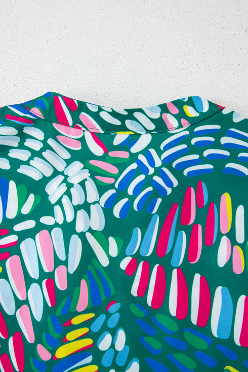 Green Abstract Print Knotted Short Sleeve Plus Size Blouse