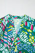 Green Brushwork Geometric Print Puff Sleeve Notched Neck Blouse
