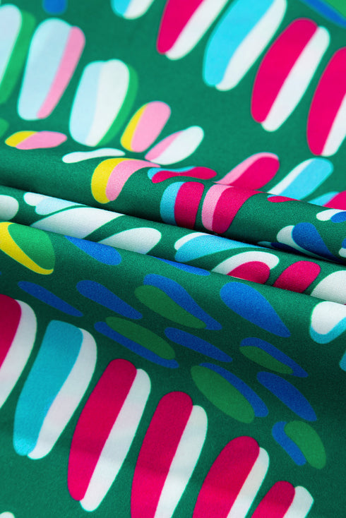 Green Brushwork Geometric Print Puff Sleeve Notched Neck Blouse