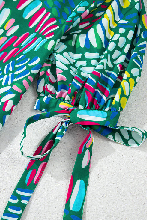 Green Brushwork Geometric Print Puff Sleeve Notched Neck Blouse