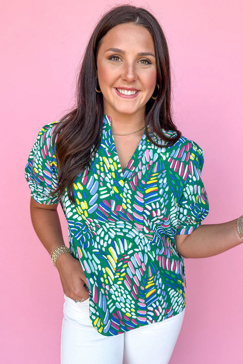 Green Brushwork Geometric Print Puff Sleeve Notched Neck Blouse