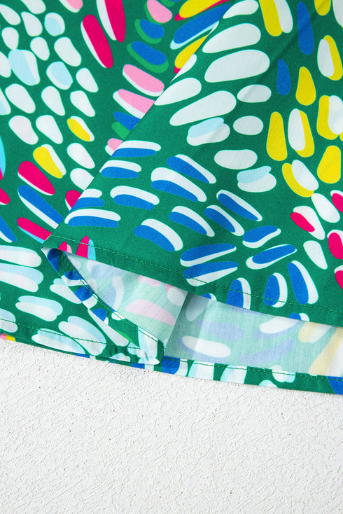 Green Brushwork Geometric Print Puff Sleeve Notched Neck Blouse