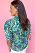 Green Brushwork Geometric Print Puff Sleeve Notched Neck Blouse