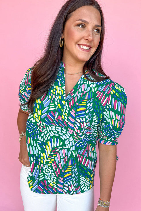 Green Brushwork Geometric Print Puff Sleeve Notched Neck Blouse