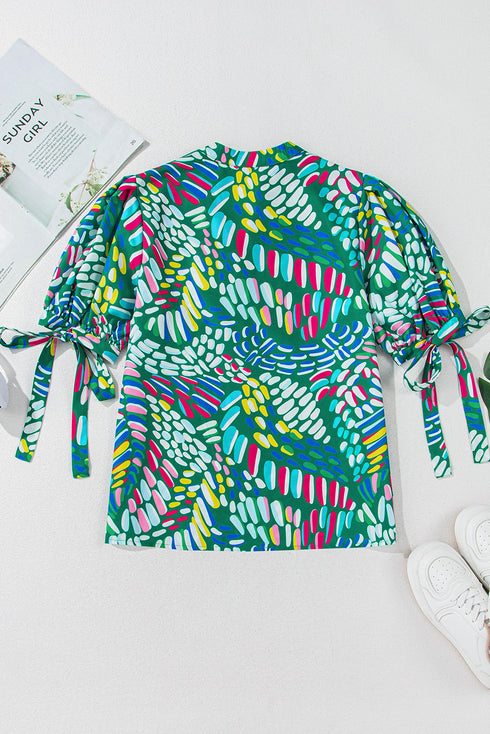 Green Brushwork Geometric Print Puff Sleeve Notched Neck Blouse