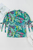 Green Brushwork Geometric Print Puff Sleeve Notched Neck Blouse