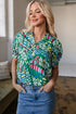 Green Brushwork Geometric Print Puff Sleeve Notched Neck Blouse