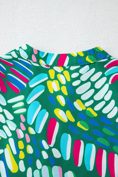 Green Brushwork Geometric Print Puff Sleeve Notched Neck Blouse