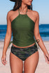 Green Camouflage Print Halter Neck Backless Two-Piece Swimsuit