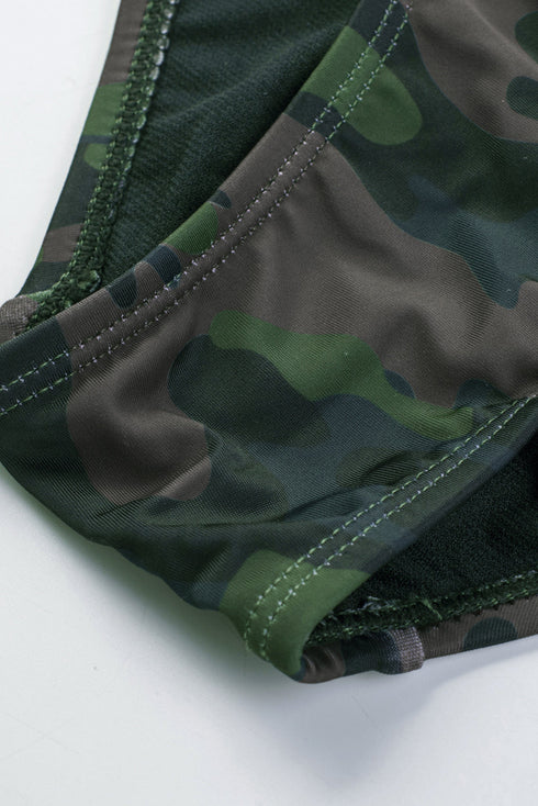 Green Camouflage Print Halter Neck Backless Two-Piece Swimsuit