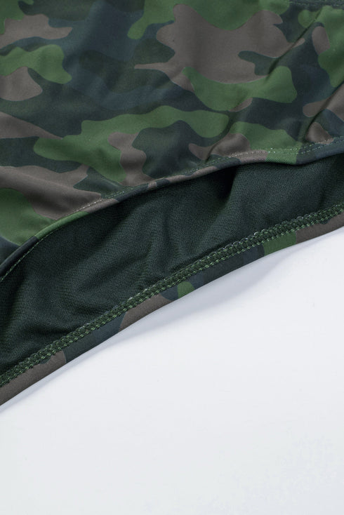 Green Camouflage Print Halter Neck Backless Two-Piece Swimsuit