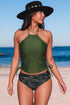 Green Camouflage Print Halter Neck Backless Two-Piece Swimsuit