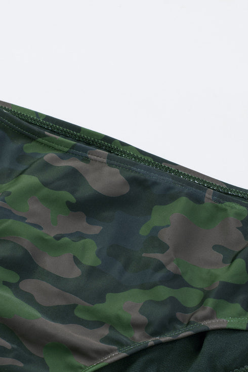 Green Camouflage Print Halter Neck Backless Two-Piece Swimsuit