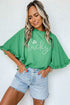 Green Ceramic Rhinstone lucky Clover Graphic Frilled Bell Sleeve Blouse