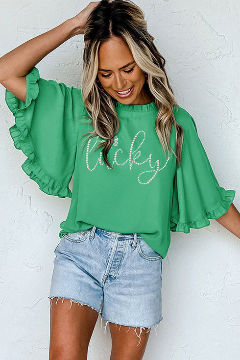 Green Ceramic Rhinstone lucky Clover Graphic Frilled Bell Sleeve Blouse
