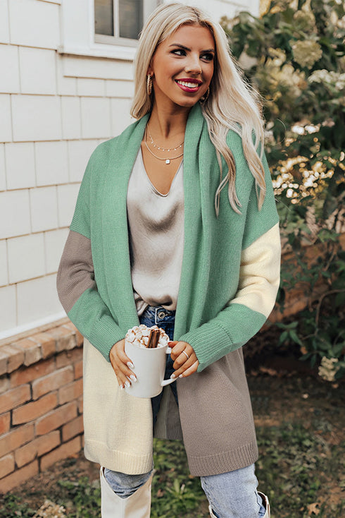 Green Colorblock Draped Open Front Chunky Cardigan
