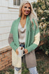 Green Colorblock Draped Open Front Chunky Cardigan