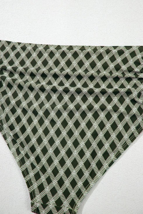 Green Dotted Mesh Plaid Patchwork High Waisted Bikini