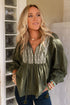 Green Embroidered Split Neck Pleated Loose Blouse