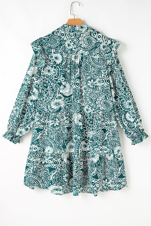 Green Floral Flounce Sleeve Split Neck Plus Size Dress