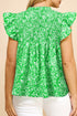 Green Floral Flutter Sleeve Shirred Notched Neck Plus Size Blouse