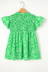 Green Floral Flutter Sleeve Shirred Notched Neck Plus Size Blouse